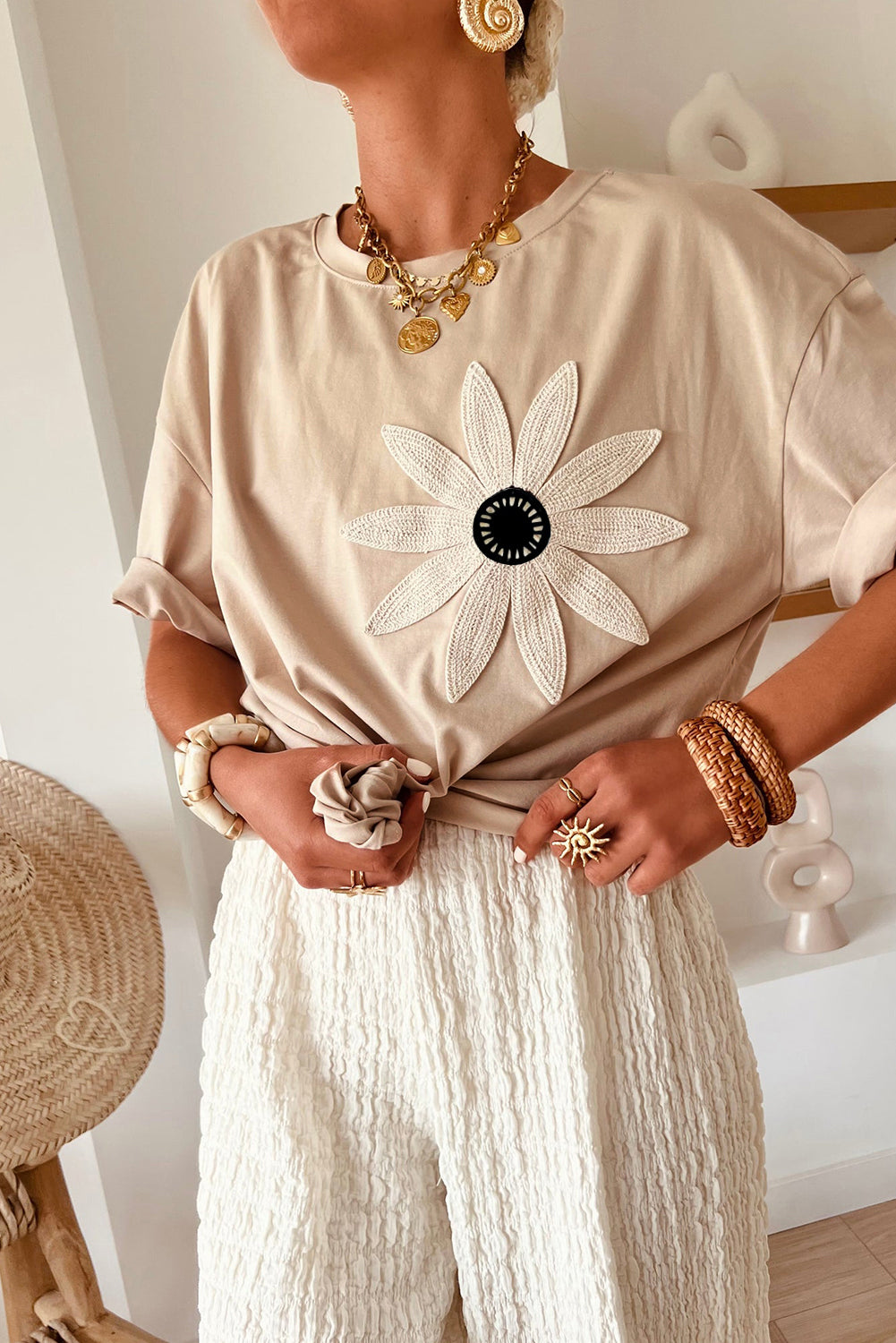 Oatmeal Floral Loose Top FB