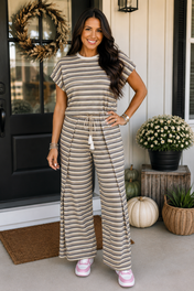 Khaki Striped Pants Set New RTS