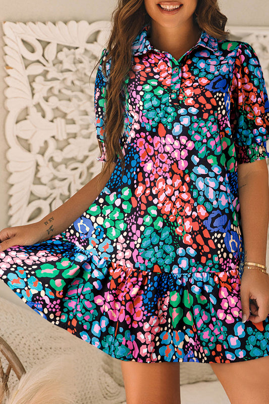 Blue Fashion Print Smocked Dress