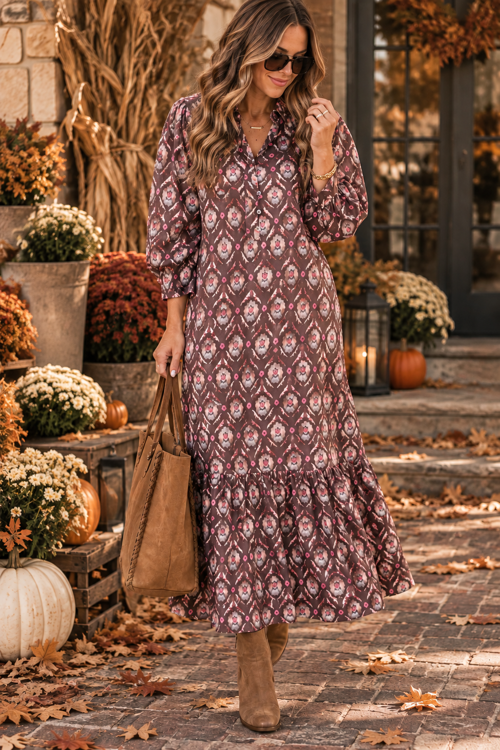 Brown Floral Ruffle Dress