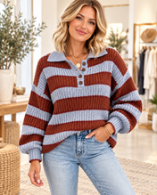 Dropped Shoulder Button Collar Sweater