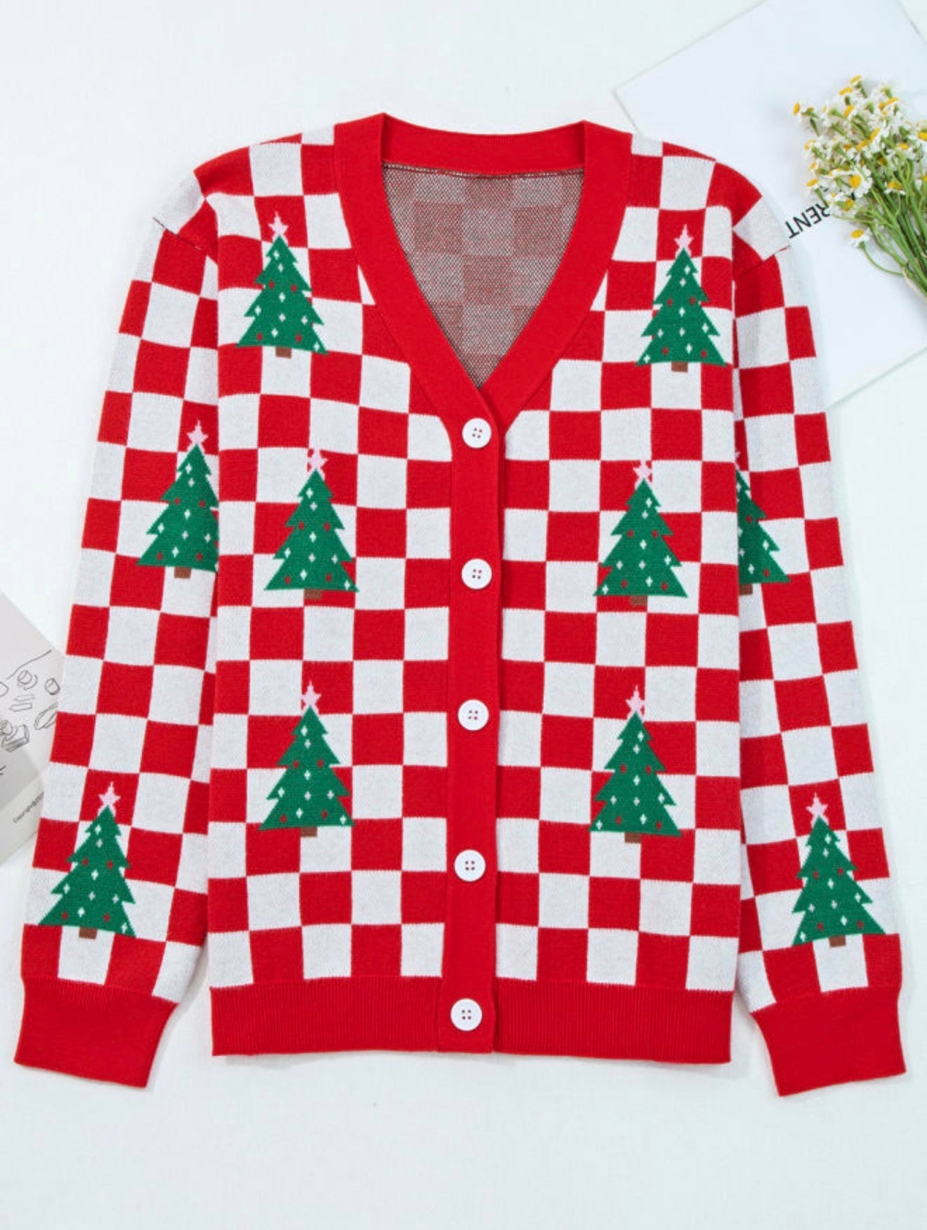 Red Checkered V Neck Cardigan Sweater