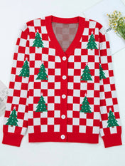 Red Checkered V Neck Cardigan Sweater