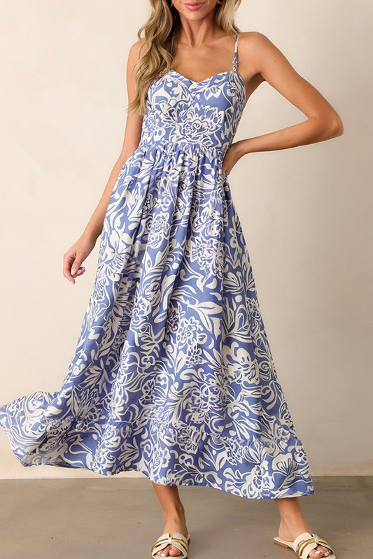 Sky Blue Floral Print Spaghetti Strap Maxi Dress