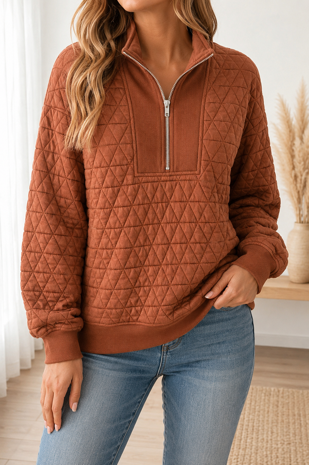Brown Geometric Quilted Sweatshirt