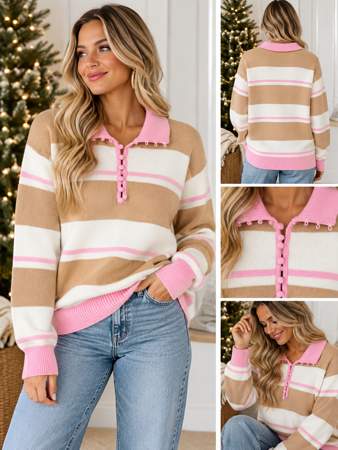 Pink Stripe Placket Sweater Full Run RTS