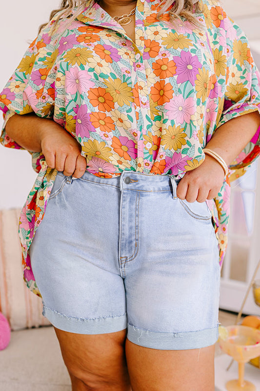 Folded Edge High Waist Plus Size Denim Bottoms