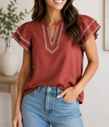 Clay Trim V Neck Blouse