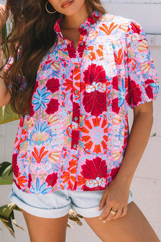 Pink Floral Bubble Pleated Blouse FB