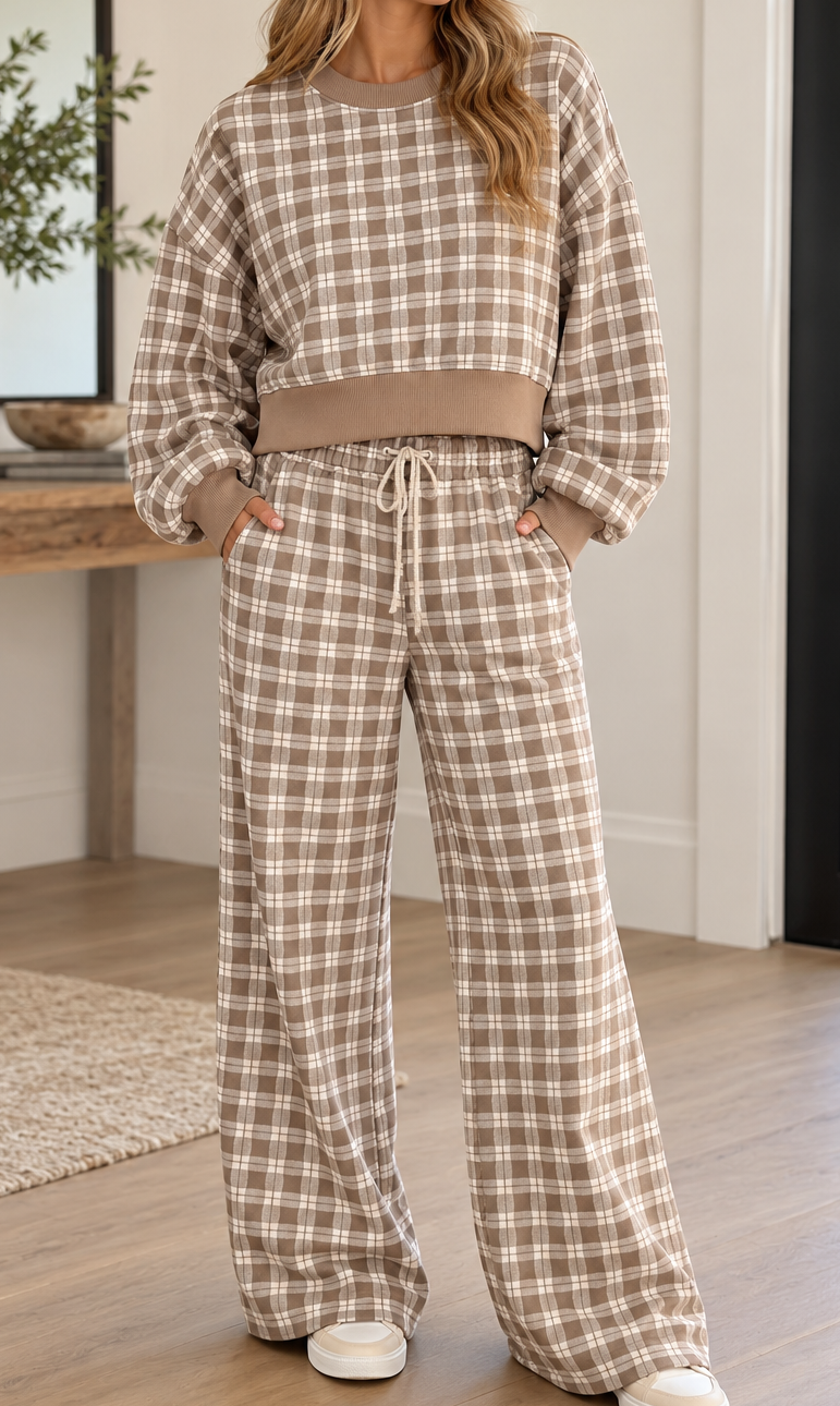 Plaid Drop Shoulder Ribbed Set Full Run RTS