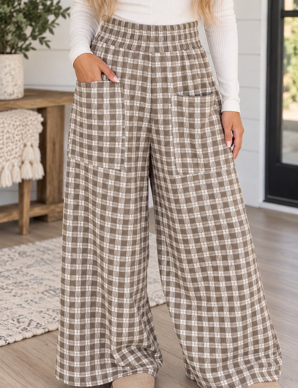 Brown Plaid Wide Leg Pants
