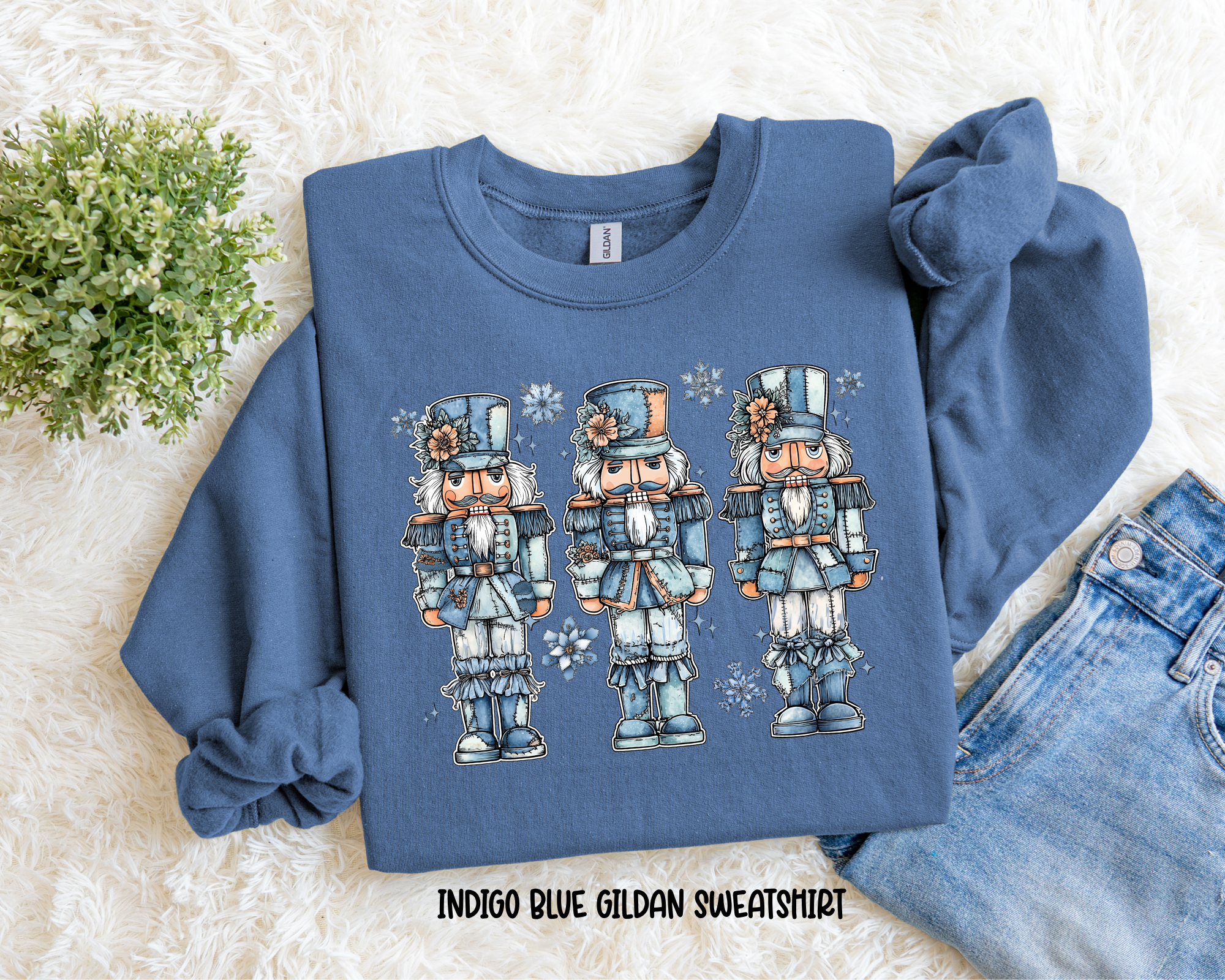 Denim Patchwork Nutcracker Sweatshirt.