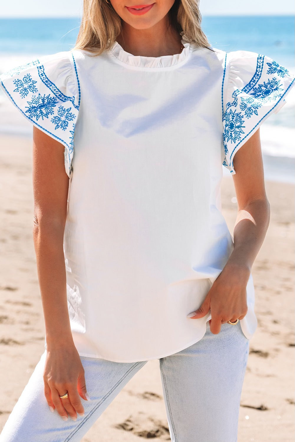 White Embroidered Sleeve Top FB