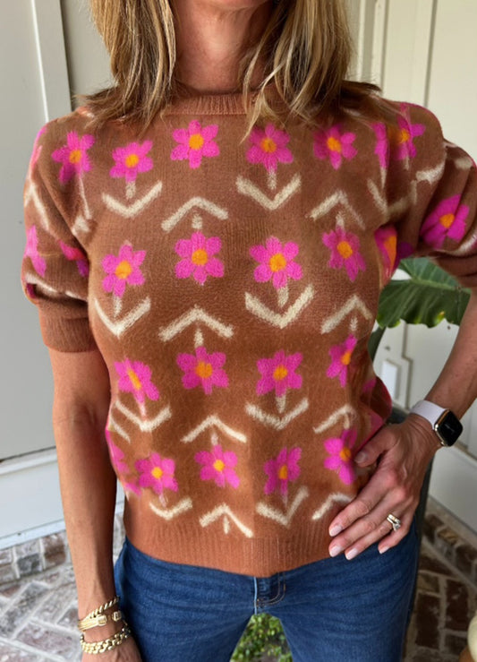 Brown Floral Puff Sweater