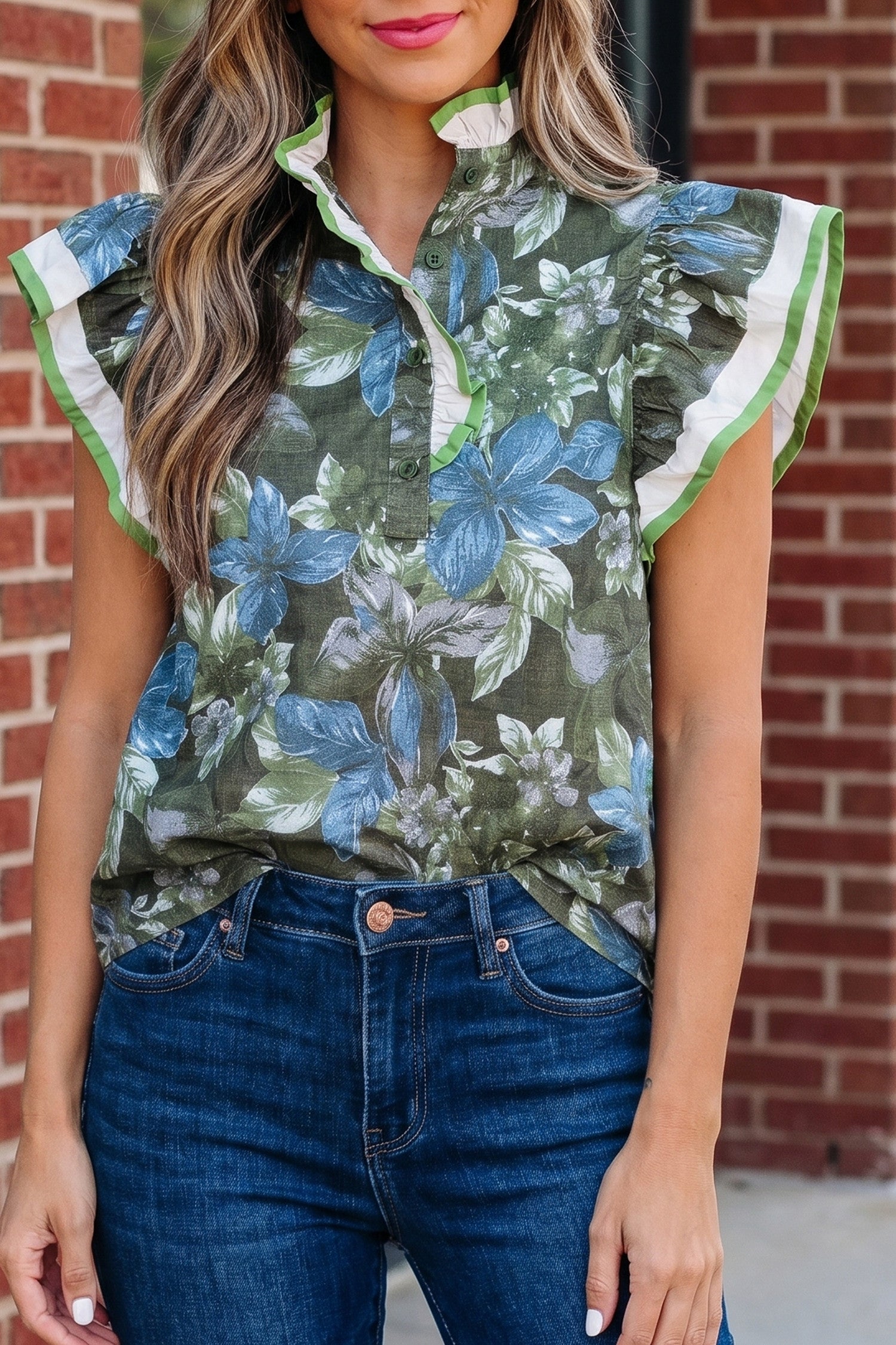 Green Ruffled Floral Blouse