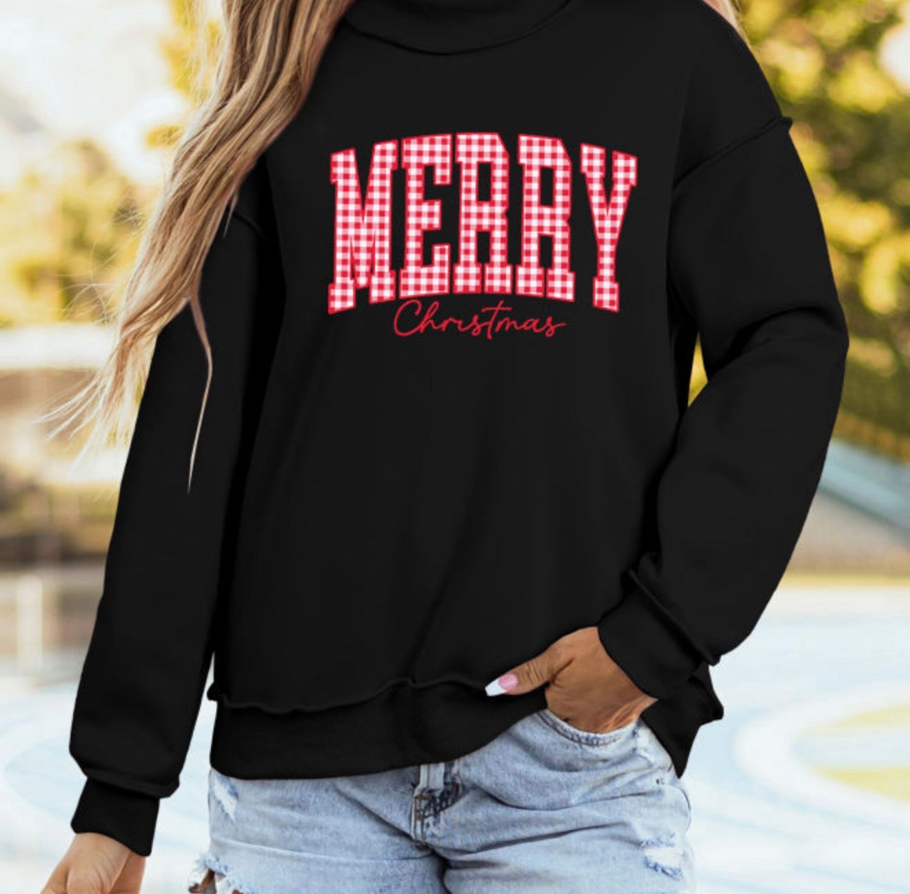 Plaid Merry Christmas High Neck Sweatshirt