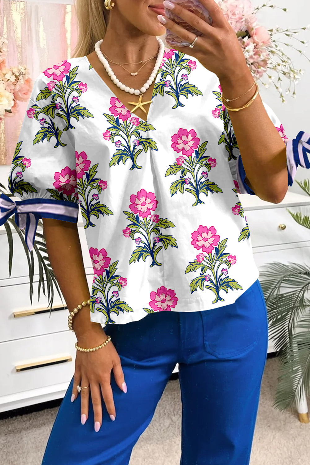 White Floral Knot Sleeve Blouse FB
