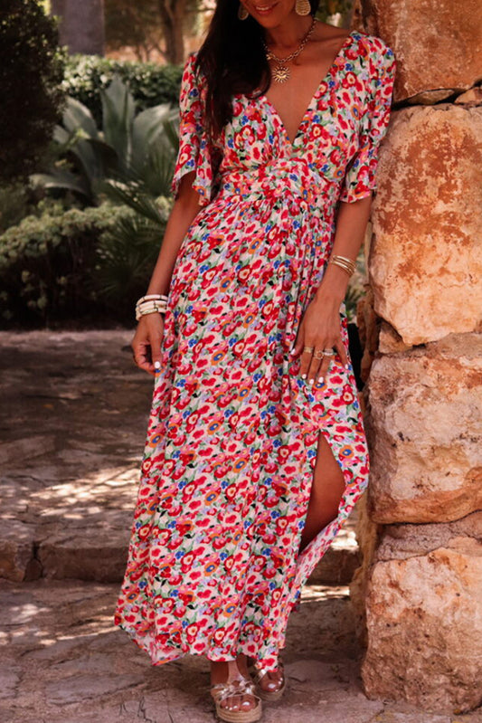Red Floral Half Sleeve Cutout Back Maxi Dress