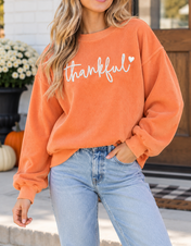 Orange Thankful Embroidered Sweatshirt