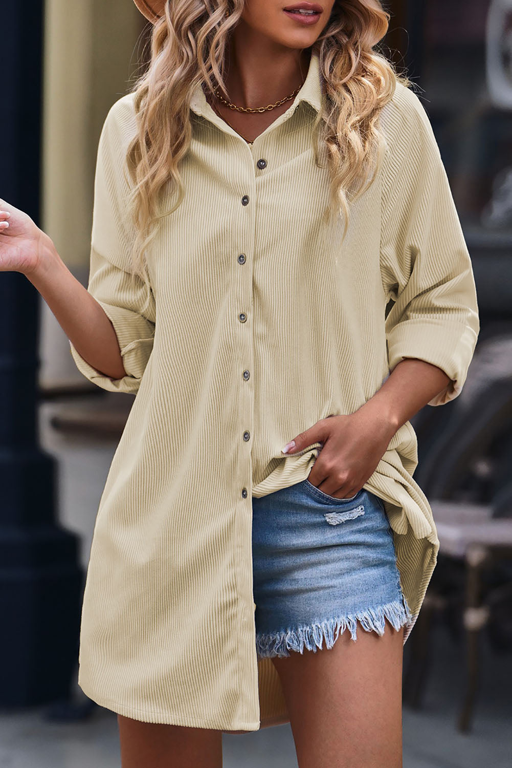 Beige Corduroy Shirt Dress FB