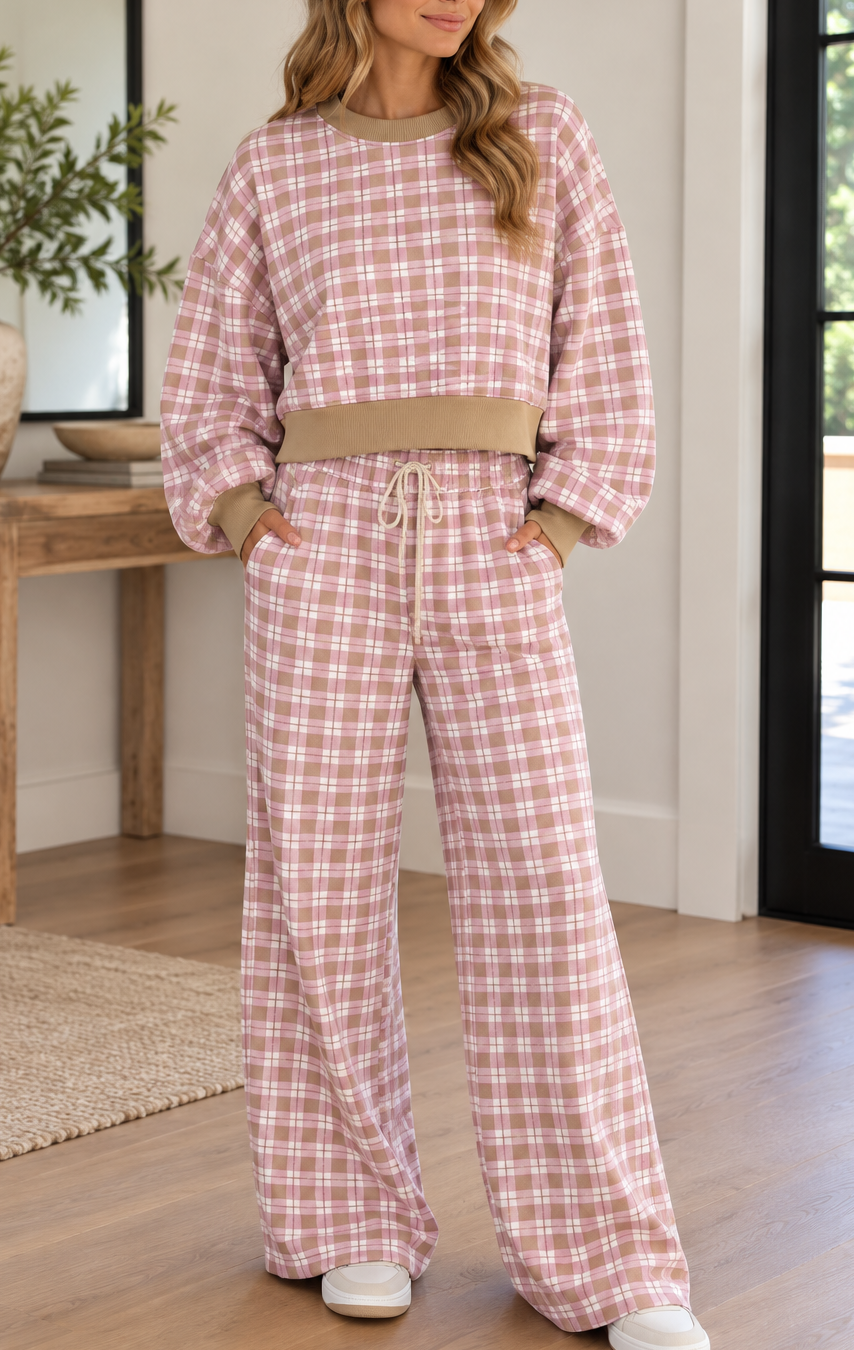 Plaid Drop Shoulder Ribbed Set Full Run RTS