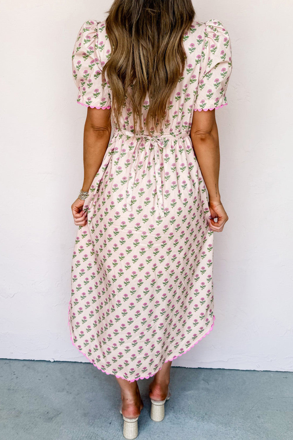 Pink Floral Scallop Trim Long Dress