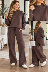 Coffee Mock Neck Drawstring Pants Set