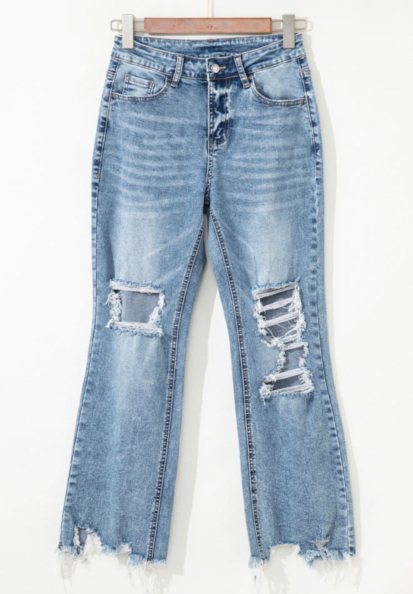 Raw-Hem Ripped Flare Jeans