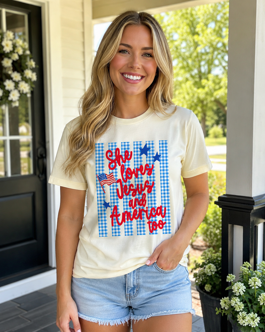 Tultex She Loves Jesus and America Stripe Tee.