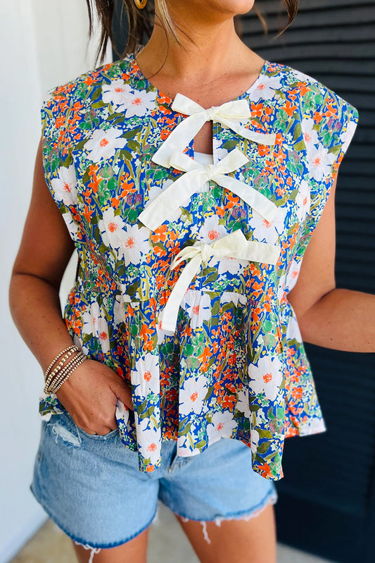 Floral Print Bow Slit Peplum Blouse RTS