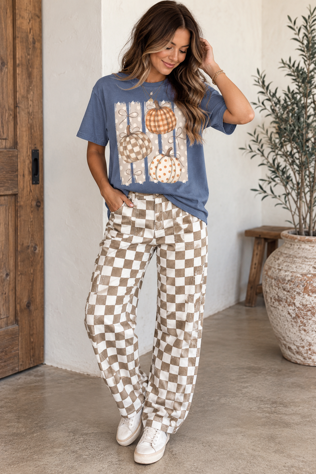 Multiprint Checkered Pumpkin Tee.