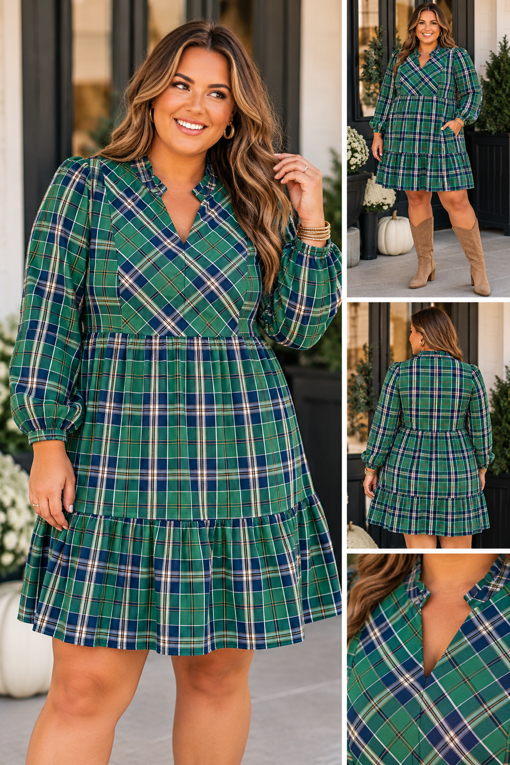 Green Plus Size Plaid Frilly Dress Full Run RTS