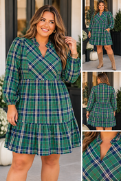 Green Plus Size Plaid Frilly Dress Full Run RTS