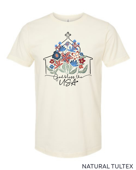 Tultex Floral Church God Bless USA Tee.