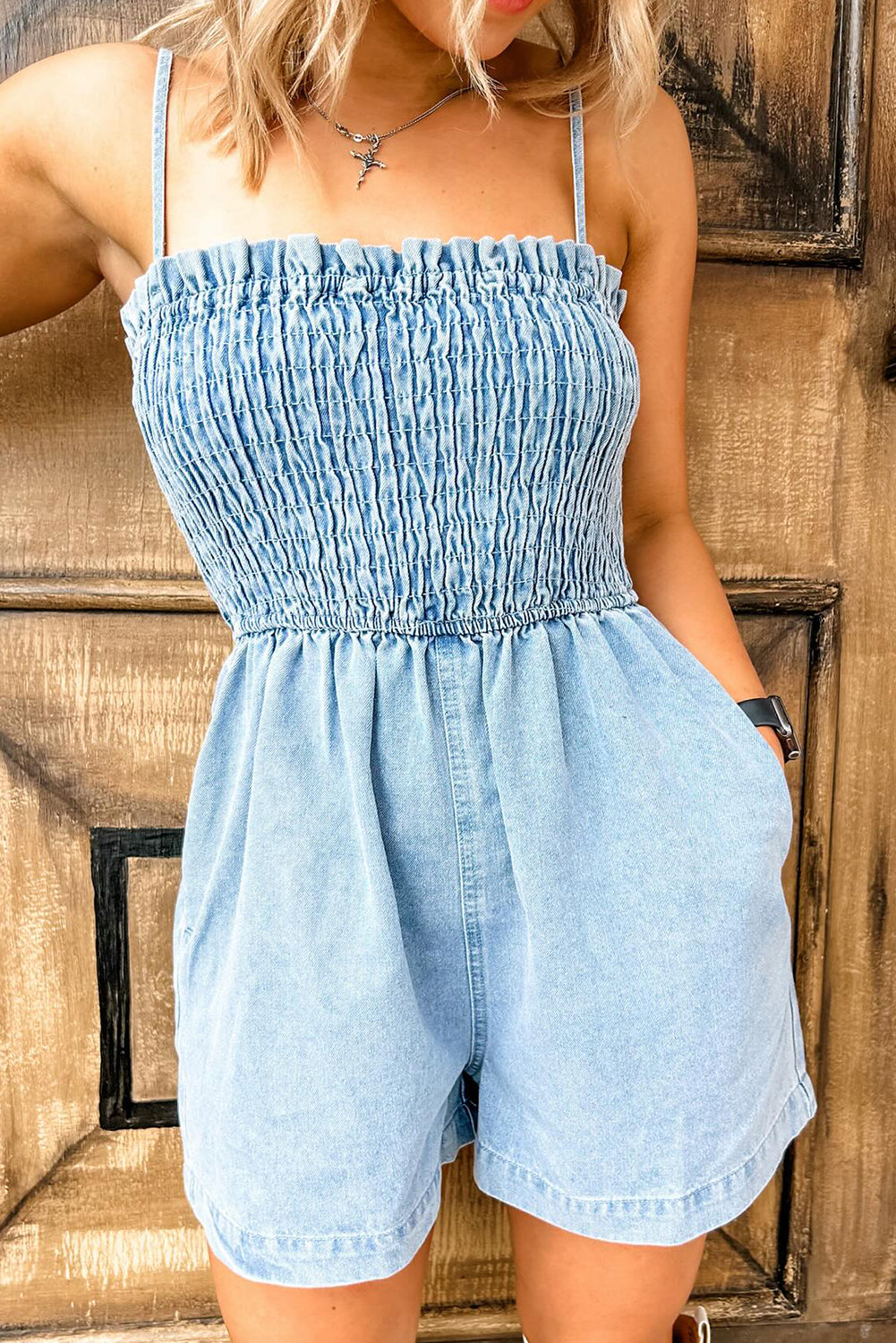 Smocked Denim Romper