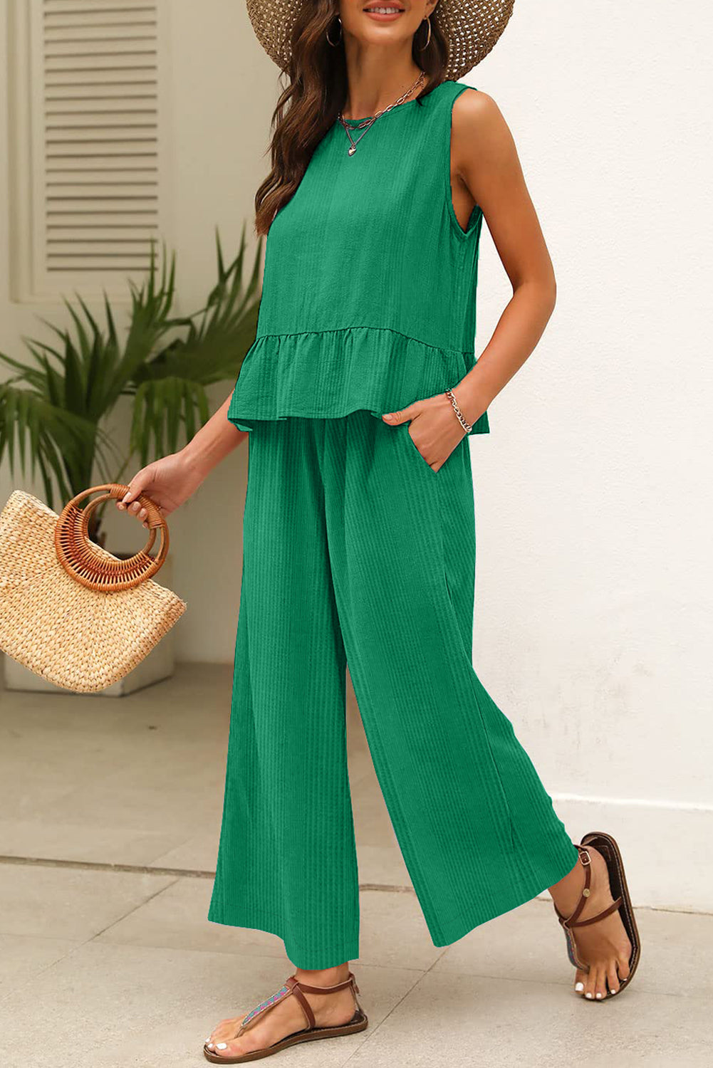 Green Solid Tank and Pants Set