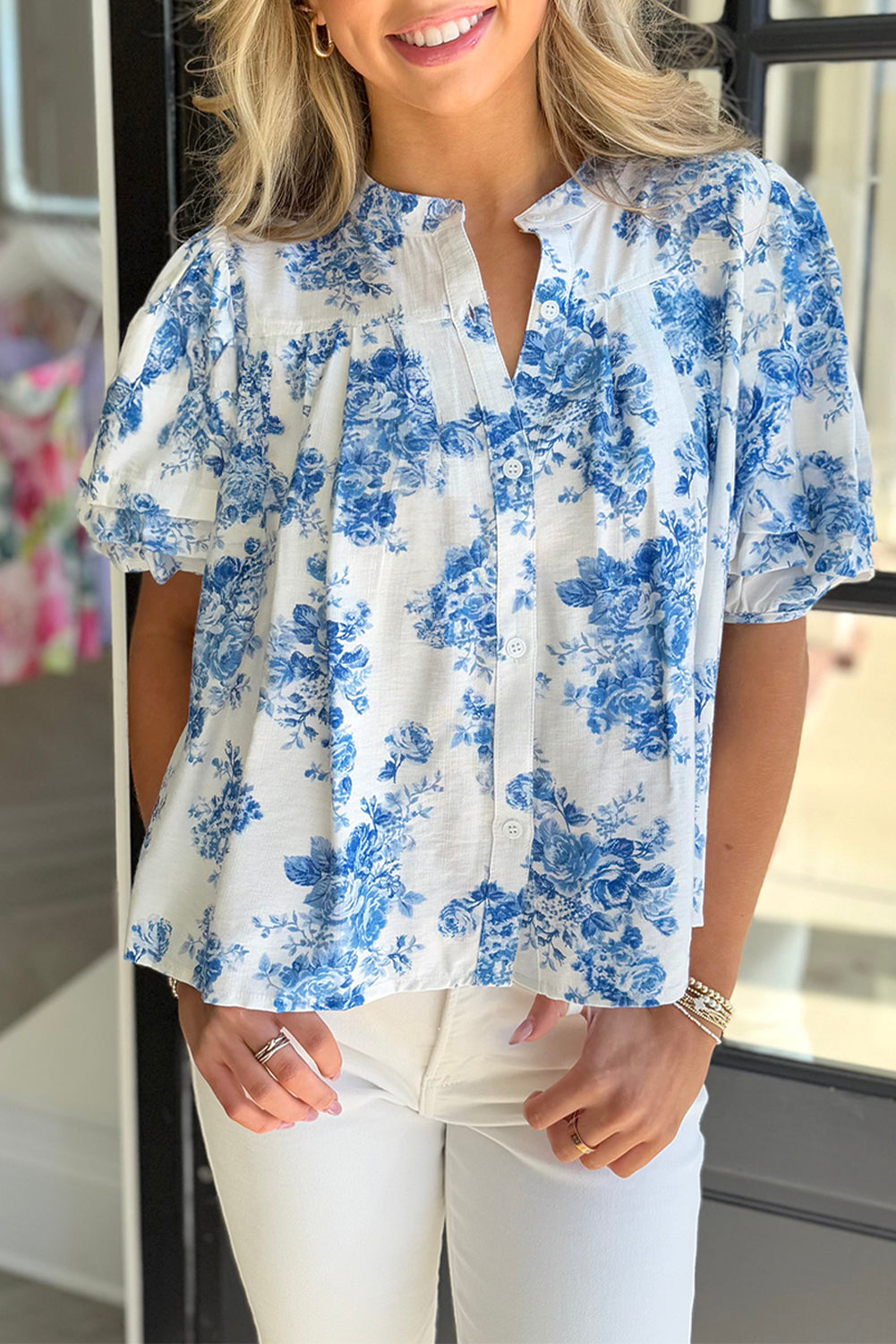 Sky Blue Floral Puff Sleeve Casual Top FB
