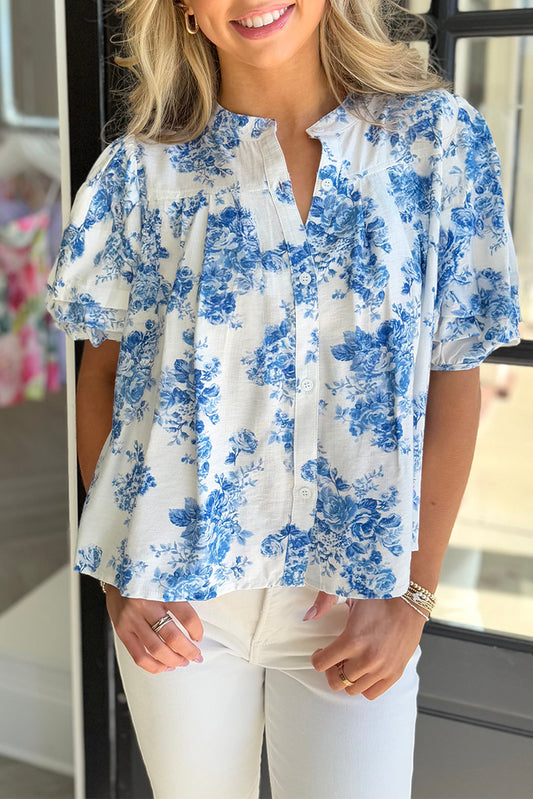 Sky Blue Floral Puff Sleeve Casual Top FB