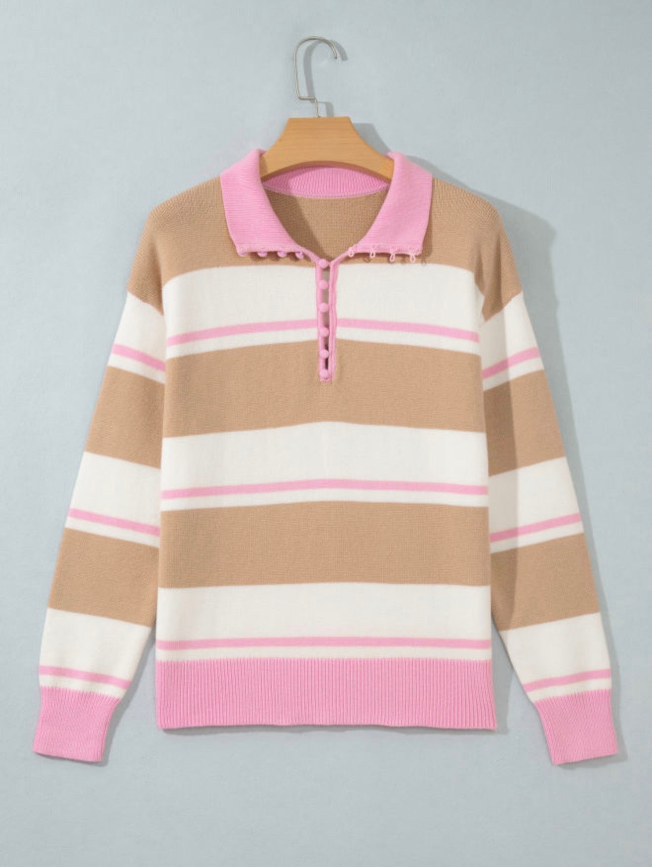 Pink Stripe Placket Sweater Full Run RTS