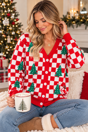 Red Checkered V Neck Cardigan Sweater