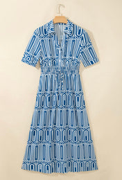 Blue Geometric Drawstring Dress