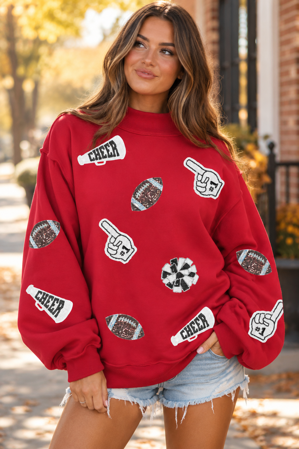 Red Football Sequin Cheer Sweatshirt Full Run RTS