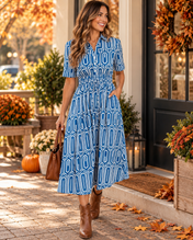 Blue Geometric Drawstring Dress
