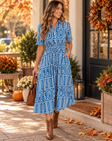 Blue Geometric Drawstring Dress