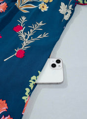 Blue Floral Midi Dress 7/8 Sleeve