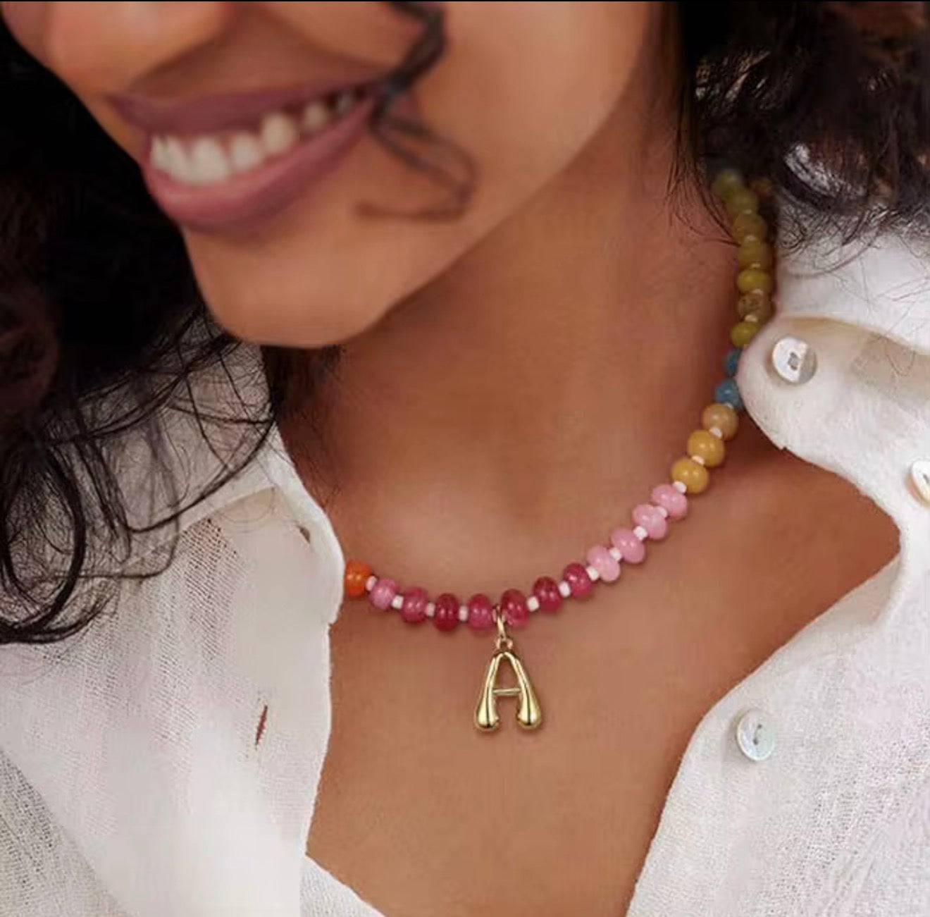 Multicolor Chain Beaded Initial Necklace