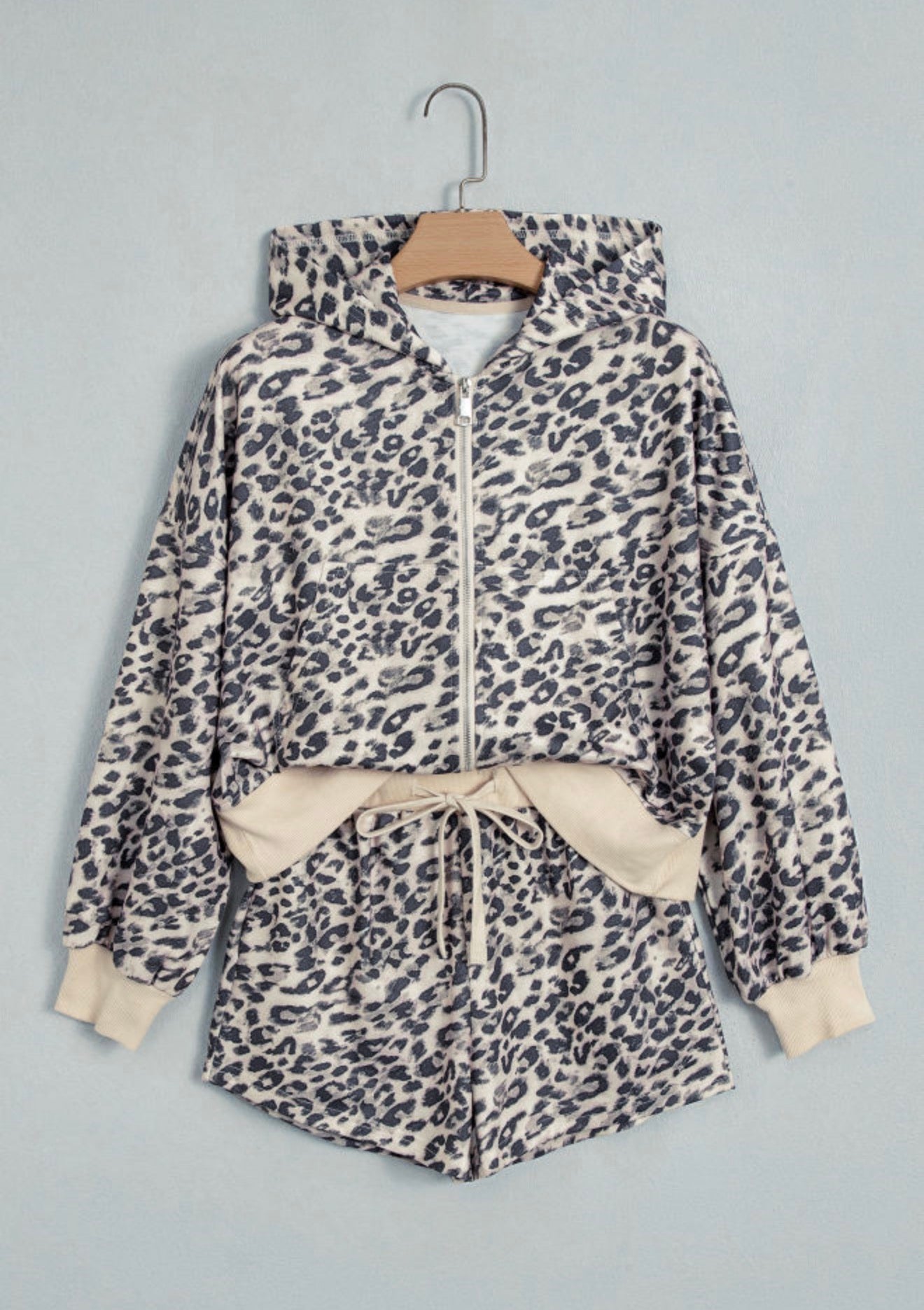 Leopard Zip Up Hoodie And Short Set