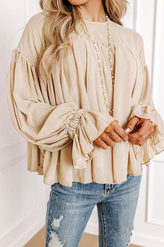 Beige Pleated Ruffle Blouse FB