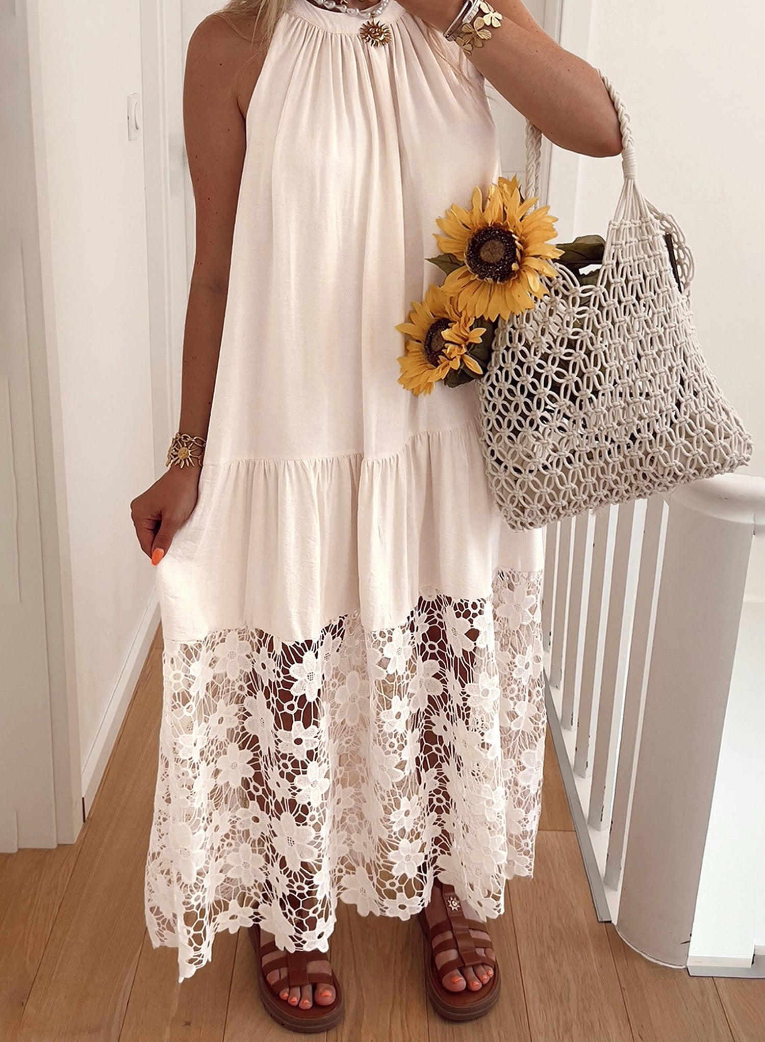 Beige Sheer Floral Lace Dress