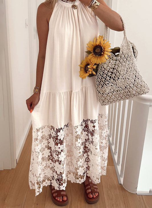 Beige Sheer Floral Lace Dress